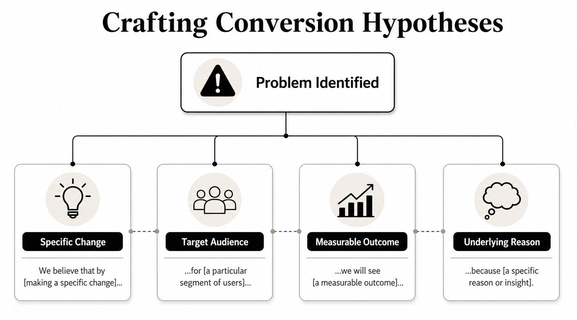 A diagram outlining a framework for crafting conversion hypotheses with four key components and steps.