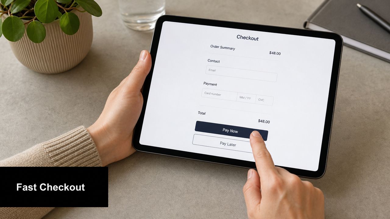 A person using a tablet to complete an online checkout process for an ecommerce website purchase.