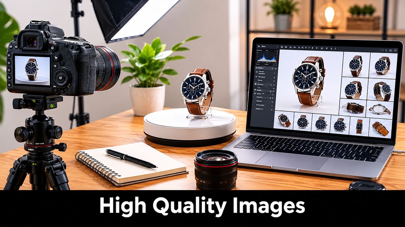 A professional photography setup for an ecommerce watch product shoot on a wooden desk with camera and laptop.