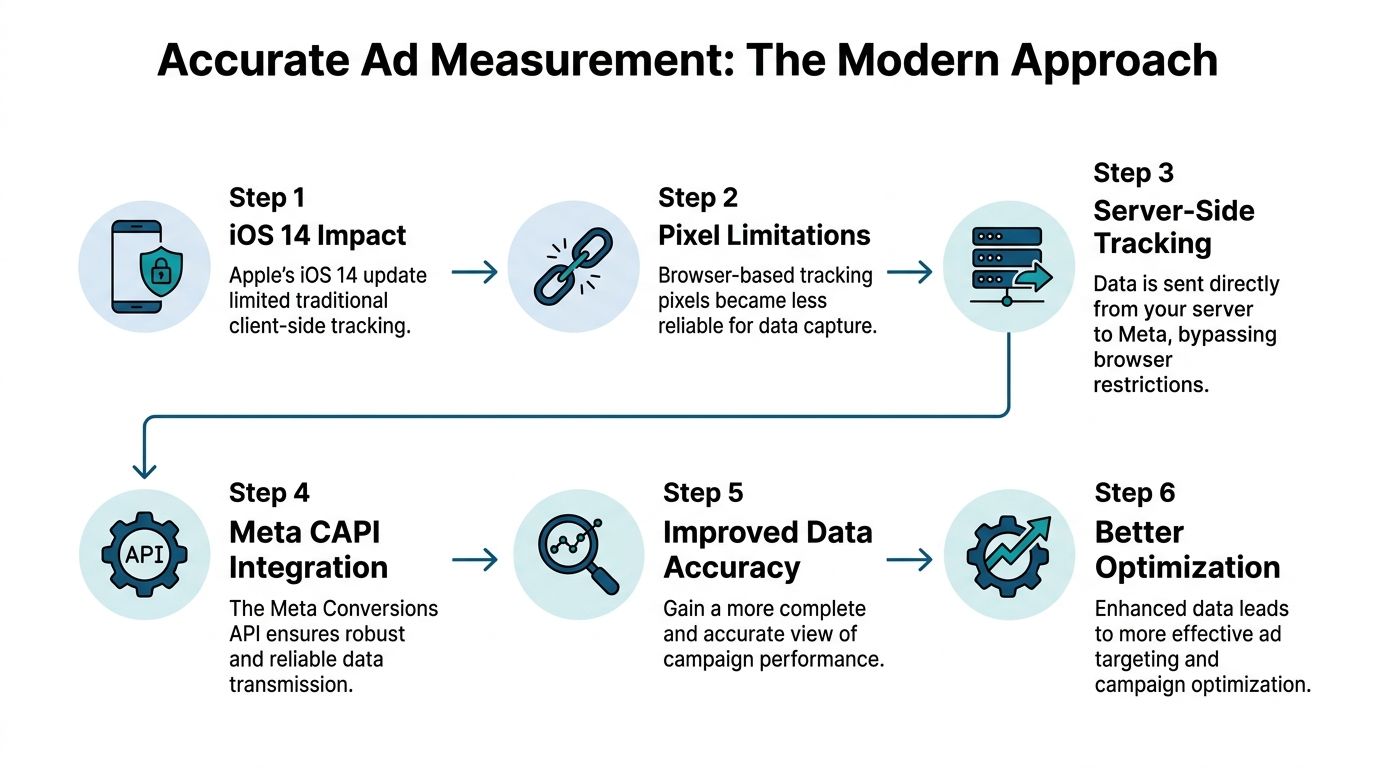 A diagram outlining the modern approach to accurate ad measurement for Meta advertising and tracking data.
