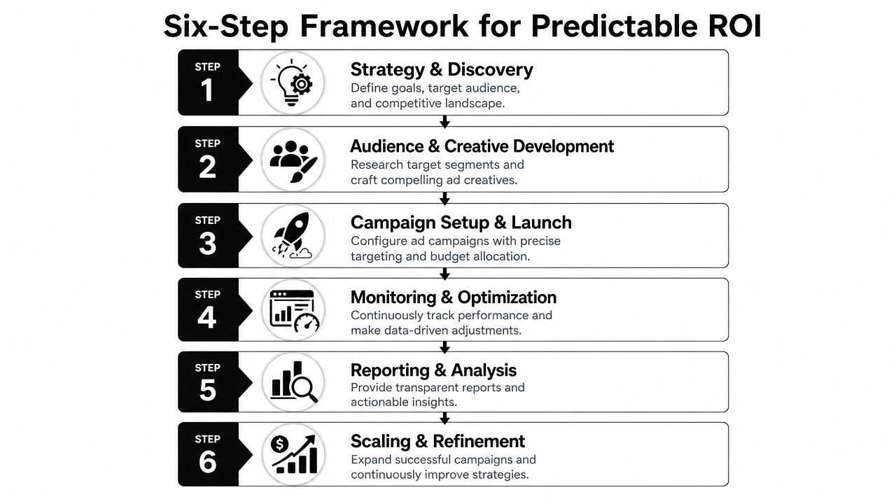 A six-step framework infographic for predictable ROI in digital marketing campaigns, illustrating a professional strategic growth process.