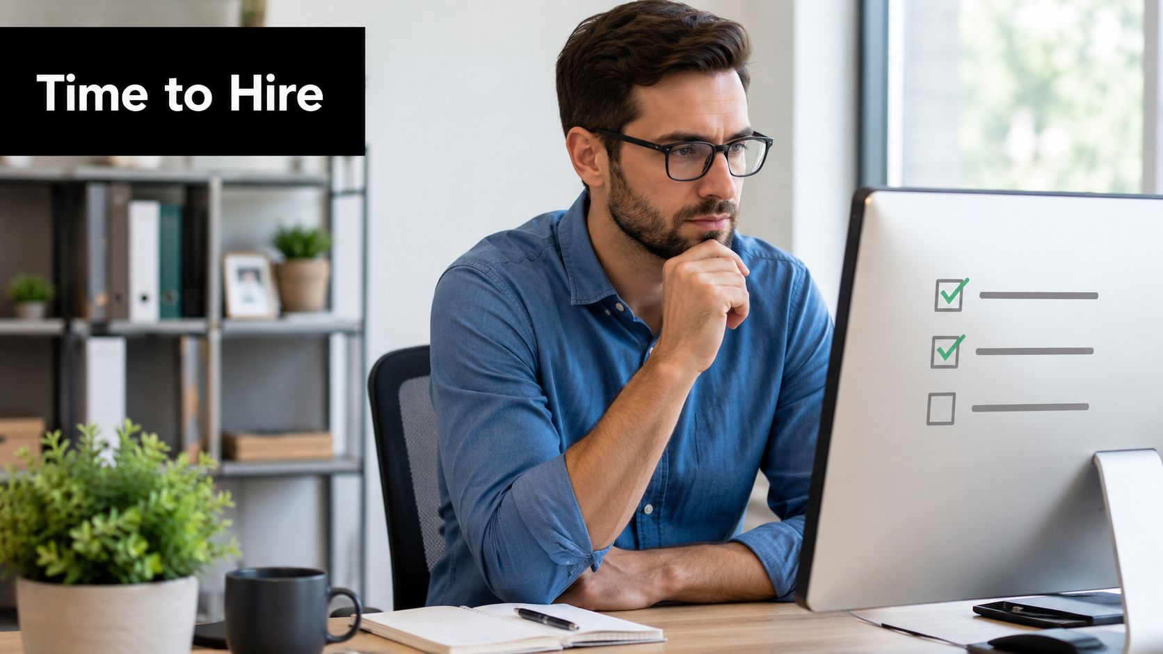 A professional man sitting at a desk looking at a computer screen showing a hiring checklist.