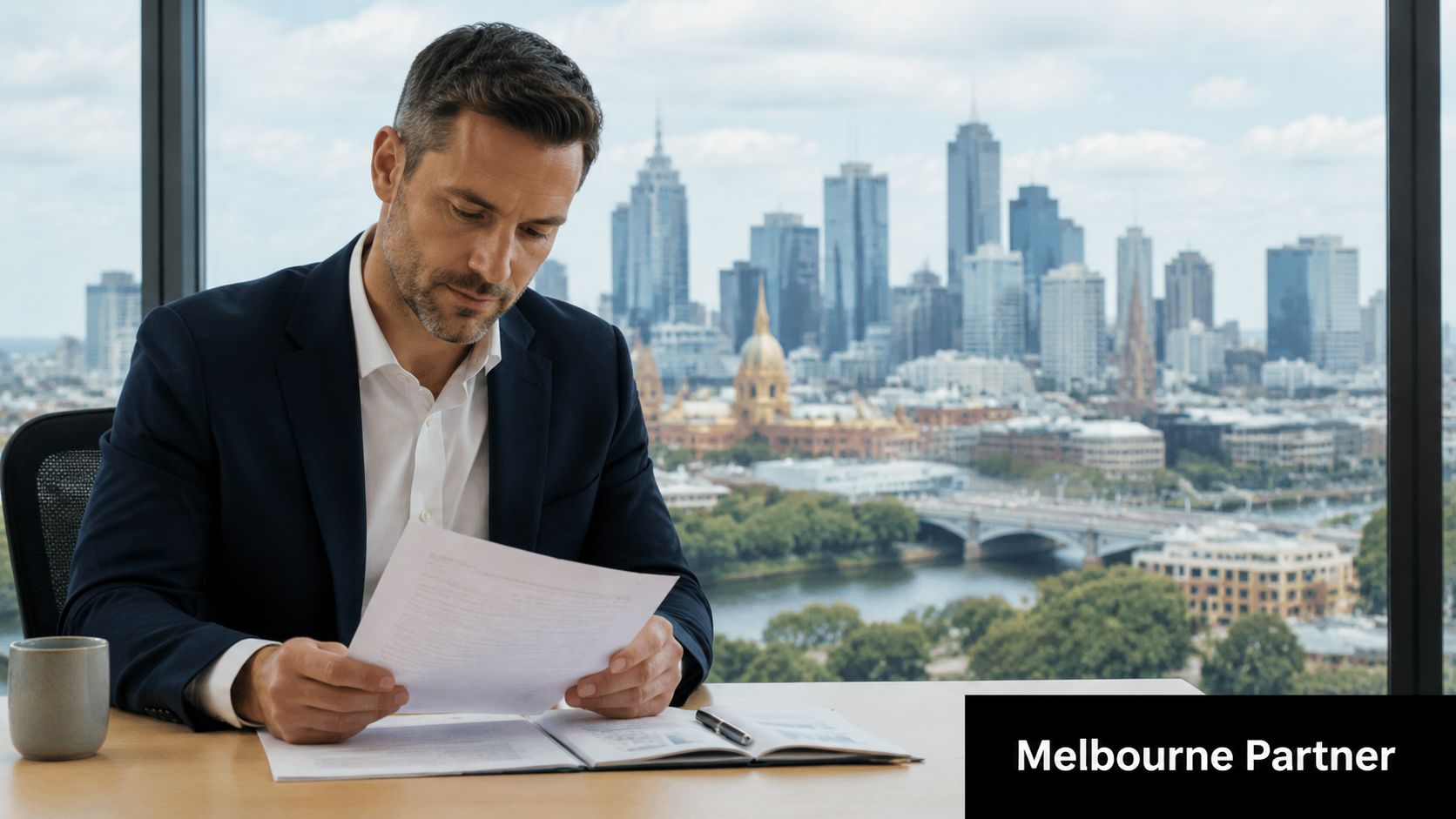 A professional man in a business suit reviewing documents in an office overlooking the Melbourne skyline.