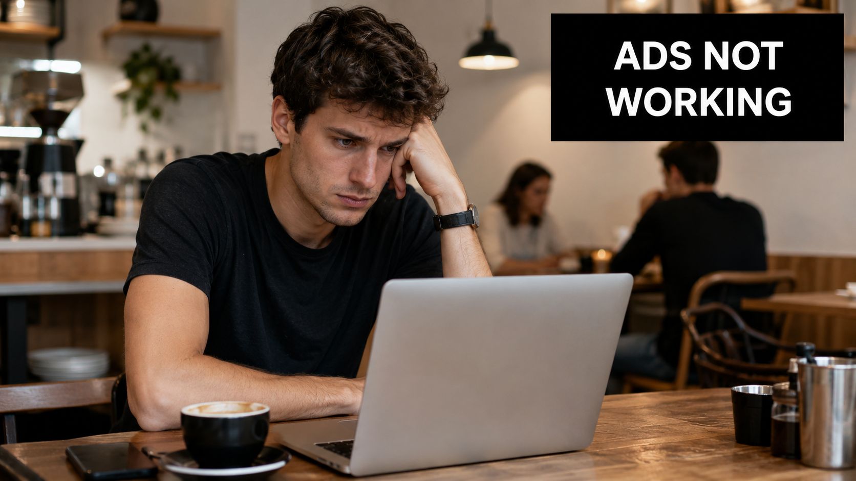 A frustrated man looking at his laptop screen in a cafe, representing failed digital marketing campaigns.
