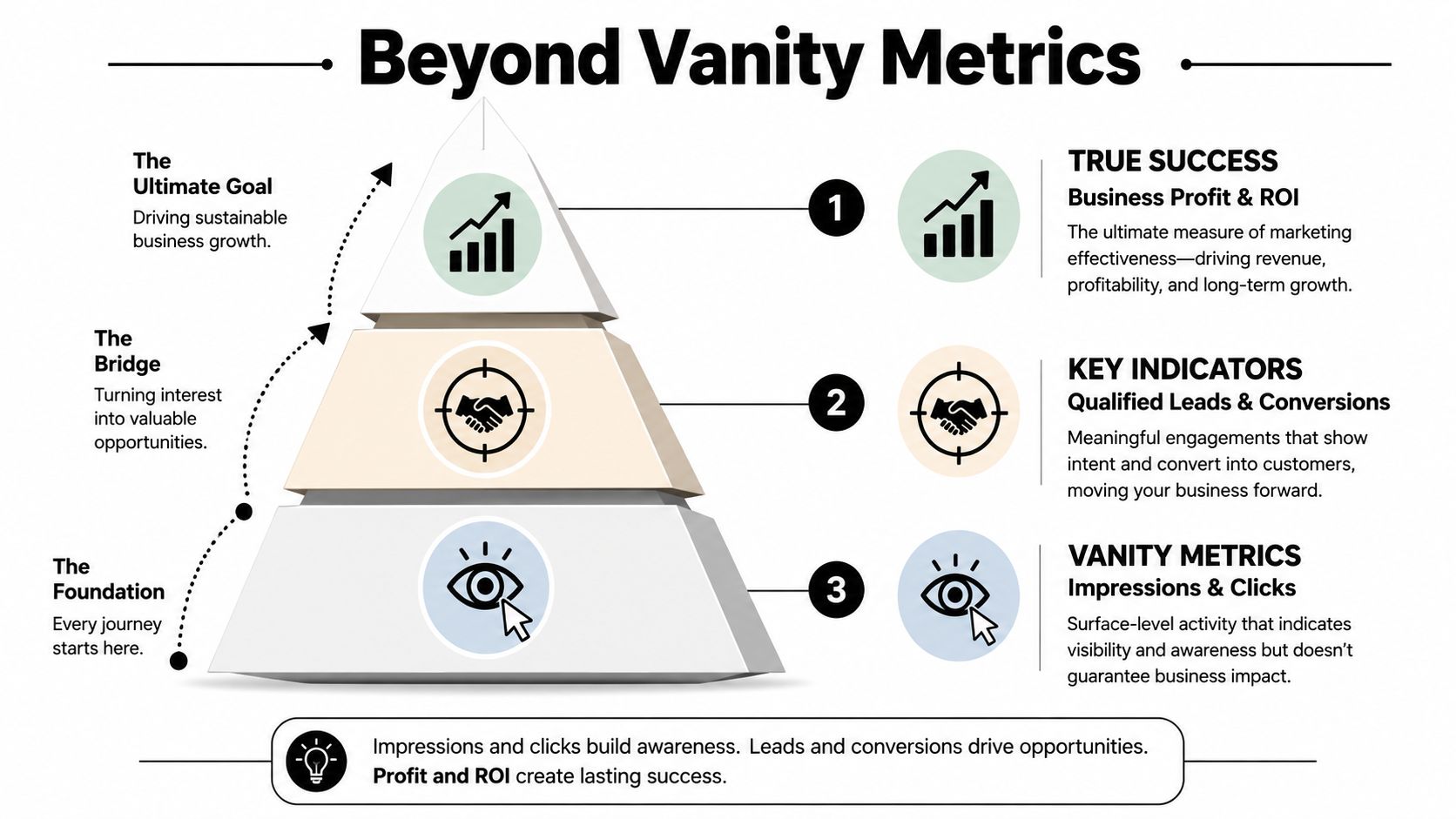 A marketing pyramid infographic illustrating the hierarchy of business metrics from vanity impressions to profit and ROI.