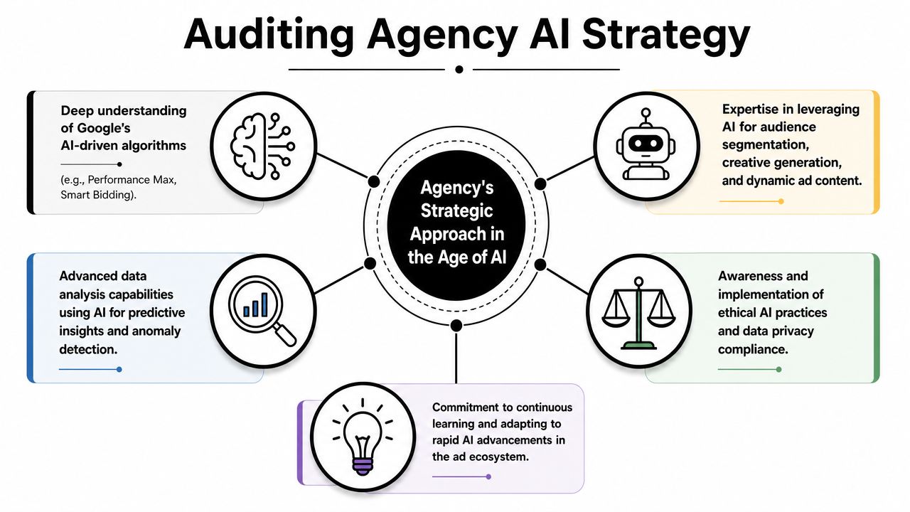 A diagram outlining the strategic approach of an advertising agency integrating artificial intelligence into their operations.