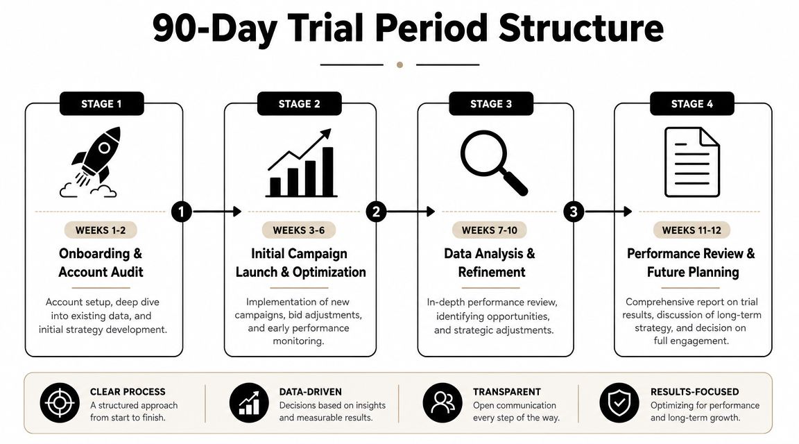 A structured 90-day trial period plan for digital marketing, outlining onboarding, campaign launches, analysis, and reviews.