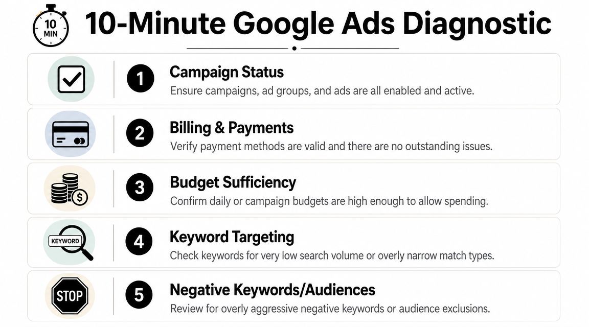 A 10-minute checklist for diagnosing Google Ads issues, highlighting five key steps for performance optimization.