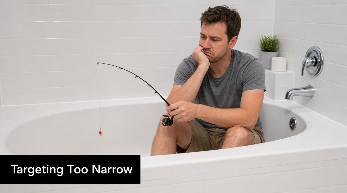A man sitting in an empty bathtub trying to fish with a small rod, representing narrow targeting.