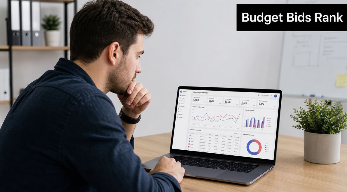 A professional analyzing digital marketing data on a laptop screen featuring campaign performance charts and budget metrics.