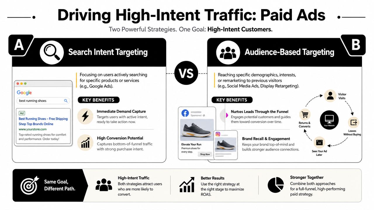 An infographic comparing search intent targeting and audience-based targeting strategies to drive high-intent paid advertising traffic.