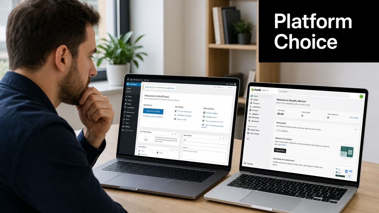 A man thoughtfully looking at two laptops displaying WordPress and Shopify dashboards for website platform comparison.