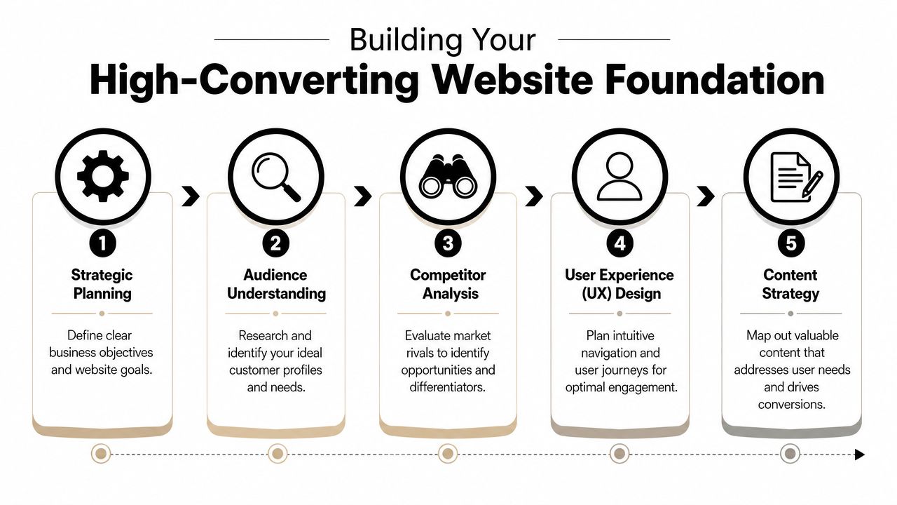 A five-step flowchart illustrating the essential process for building a successful high-converting website foundation.