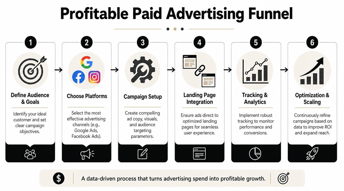 A six-step infographic illustrating a profitable paid advertising funnel for digital marketing and lead generation strategies.