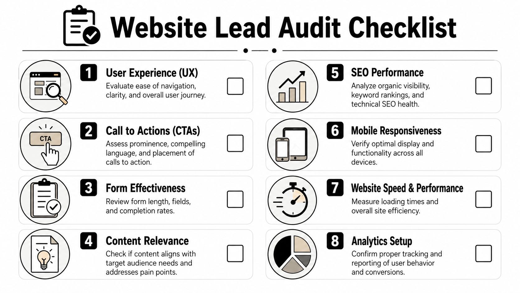 A checklist infographic outlining eight essential steps for conducting a comprehensive website lead generation audit.
