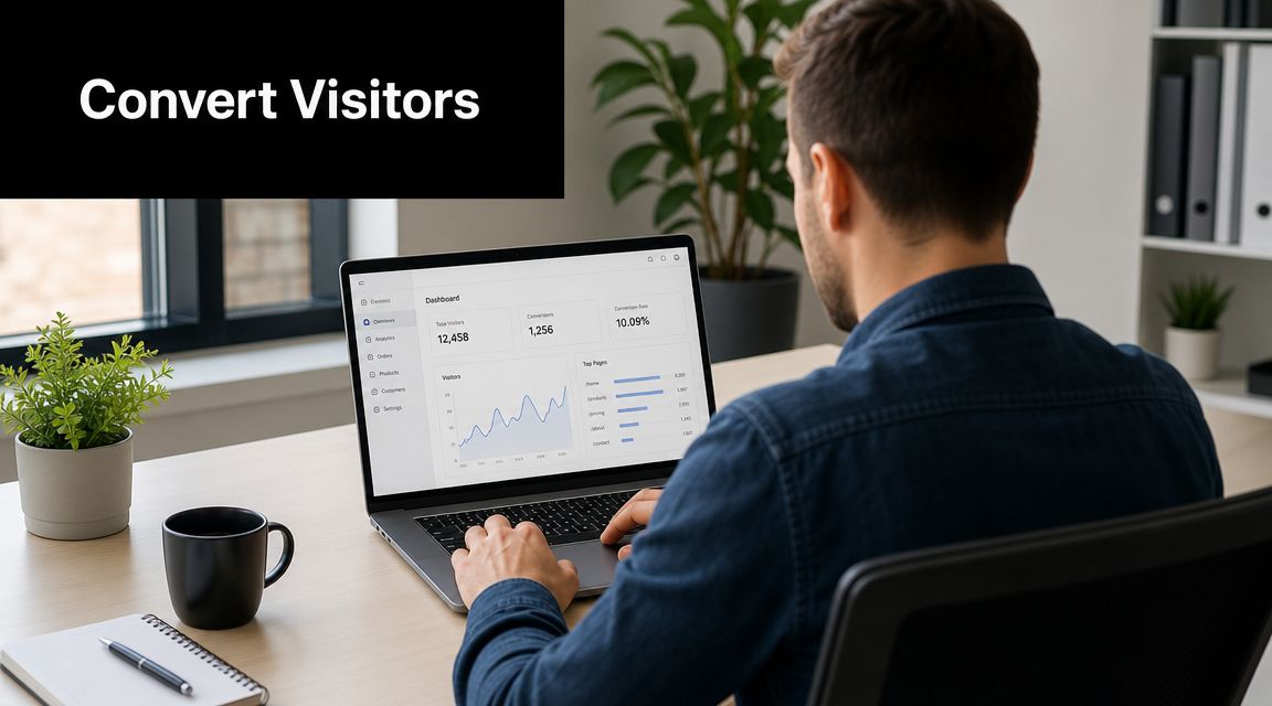 A professional man sitting at a desk and analyzing website traffic data on his laptop screen.