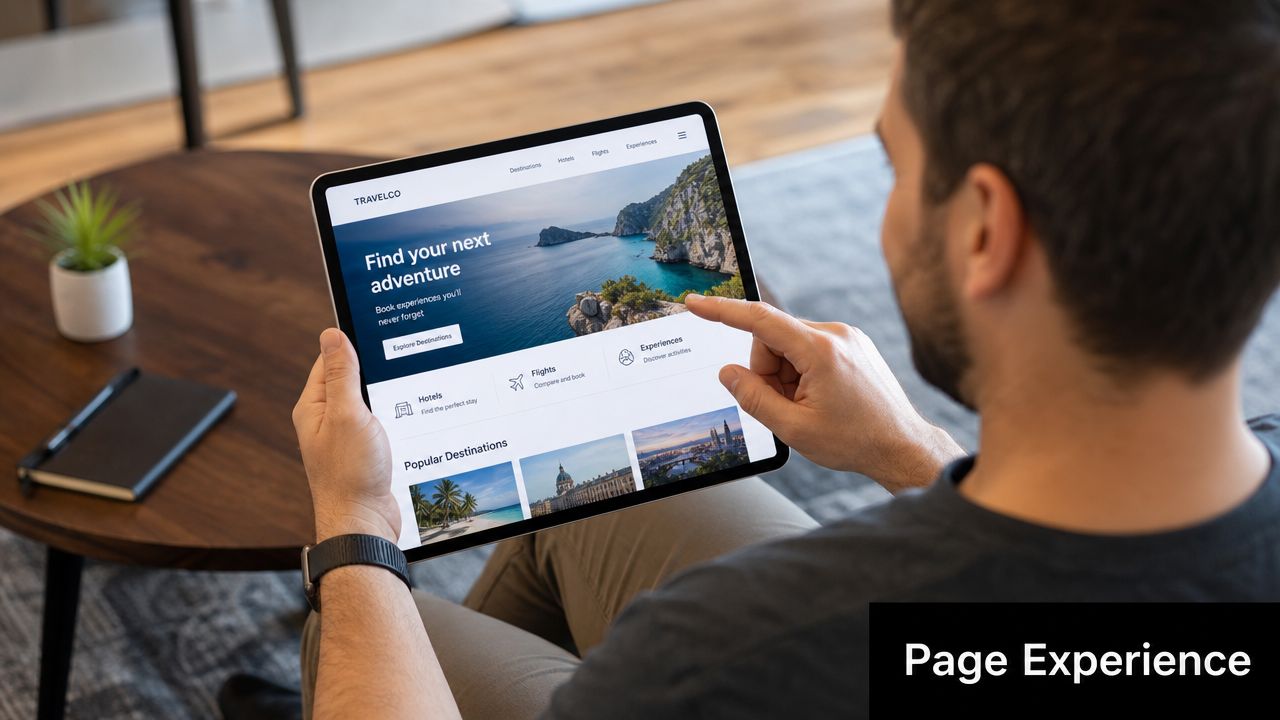 A man using a tablet to view a travel booking website with a scenic landscape image.