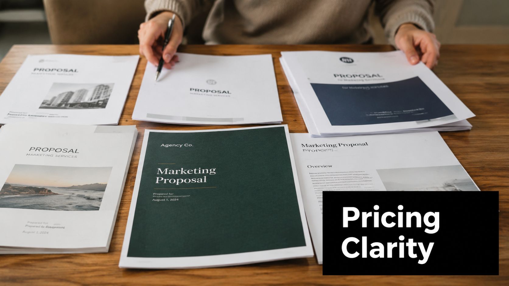 A professional desk workspace with various marketing proposal documents laid out for review.