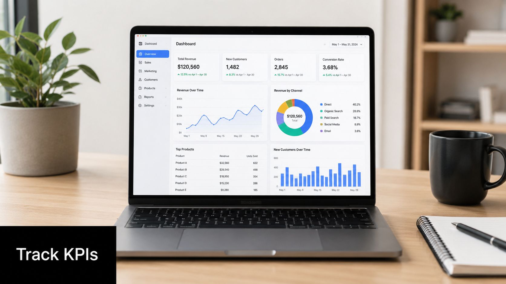 A modern laptop on a wooden desk displaying a digital business analytics dashboard showing performance metrics.