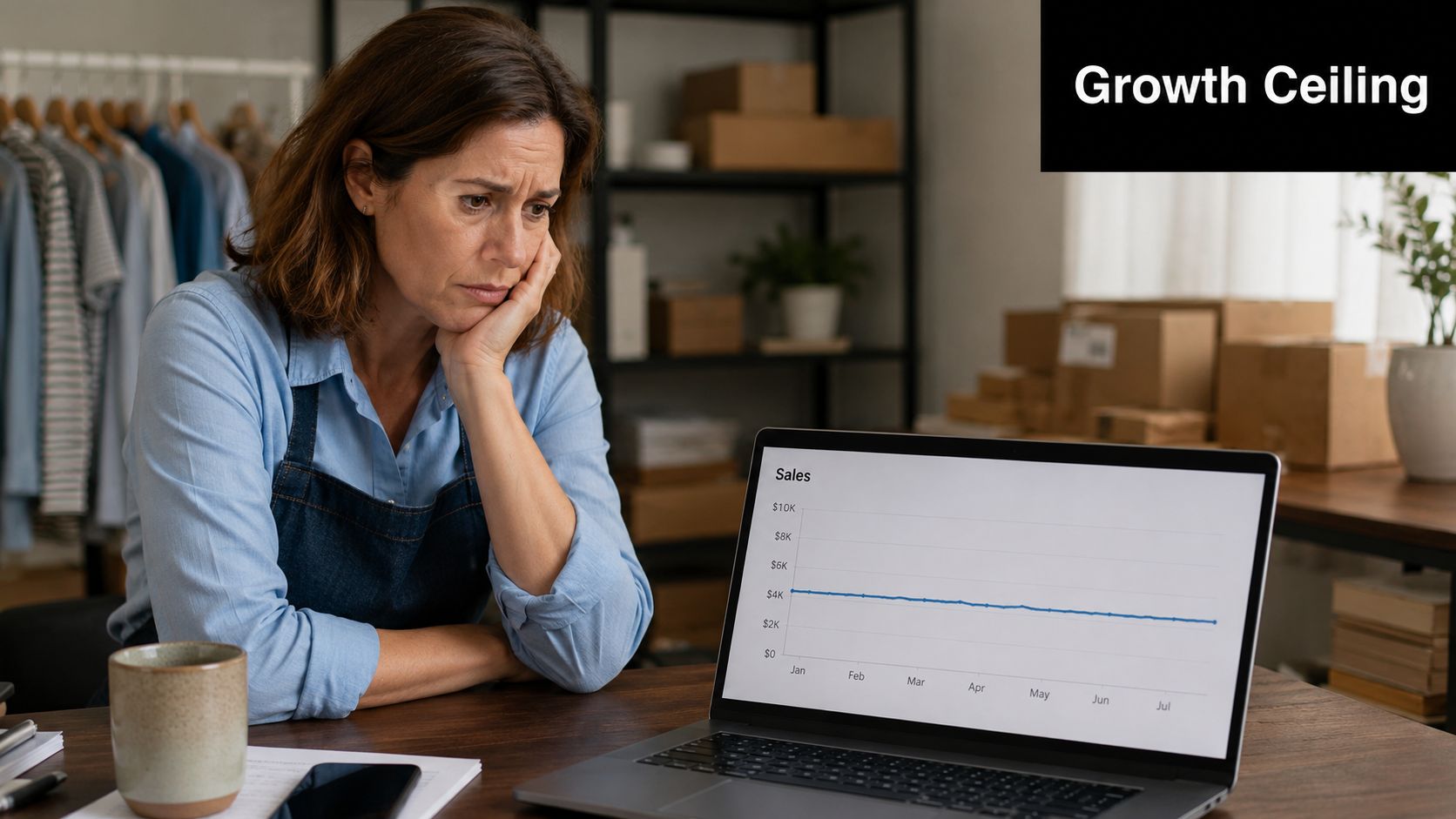 A frustrated business owner sits at a desk looking at a flat sales chart on a laptop.