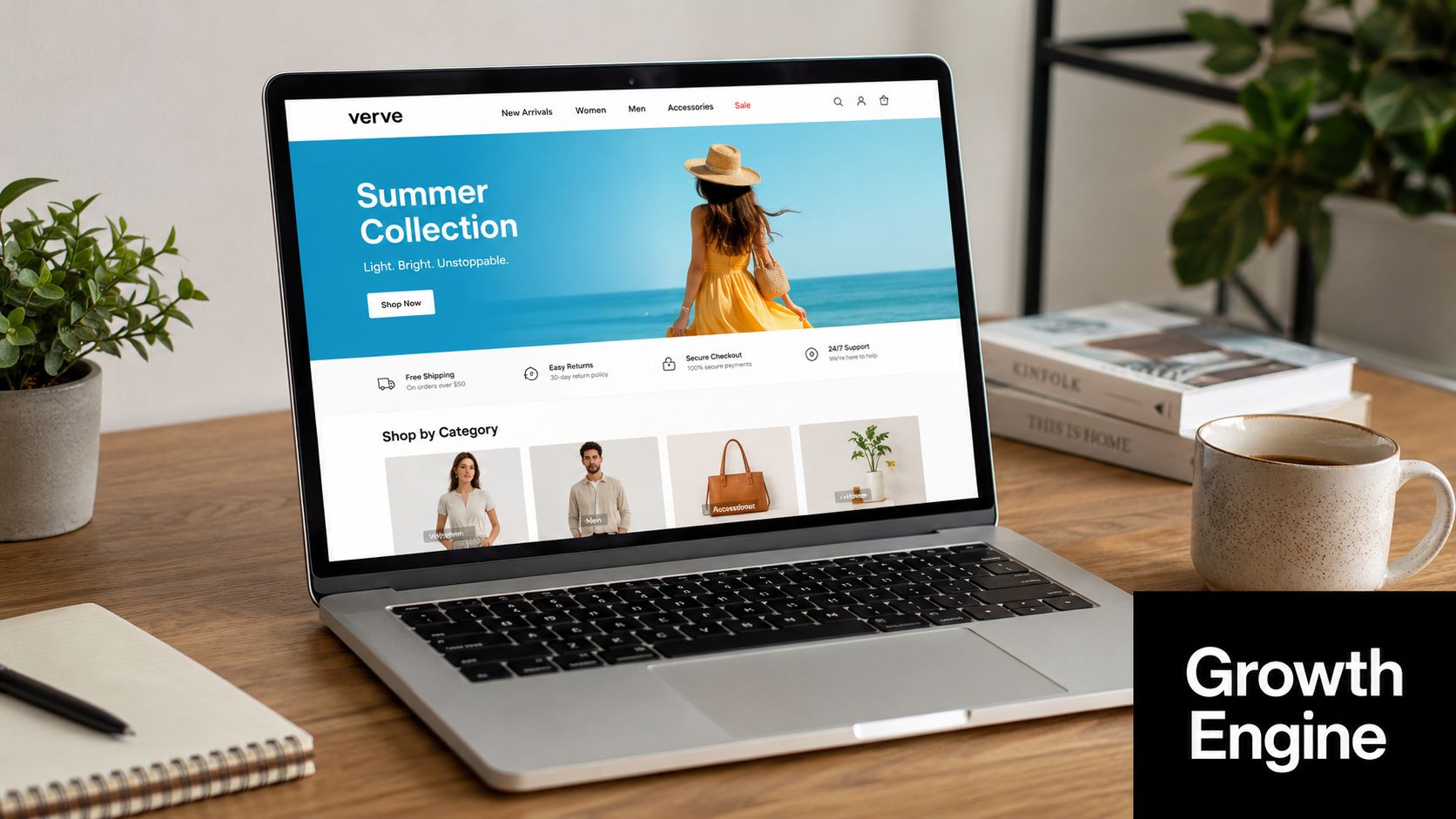A modern laptop on a wooden desk displaying a professional online fashion store website called Verve.