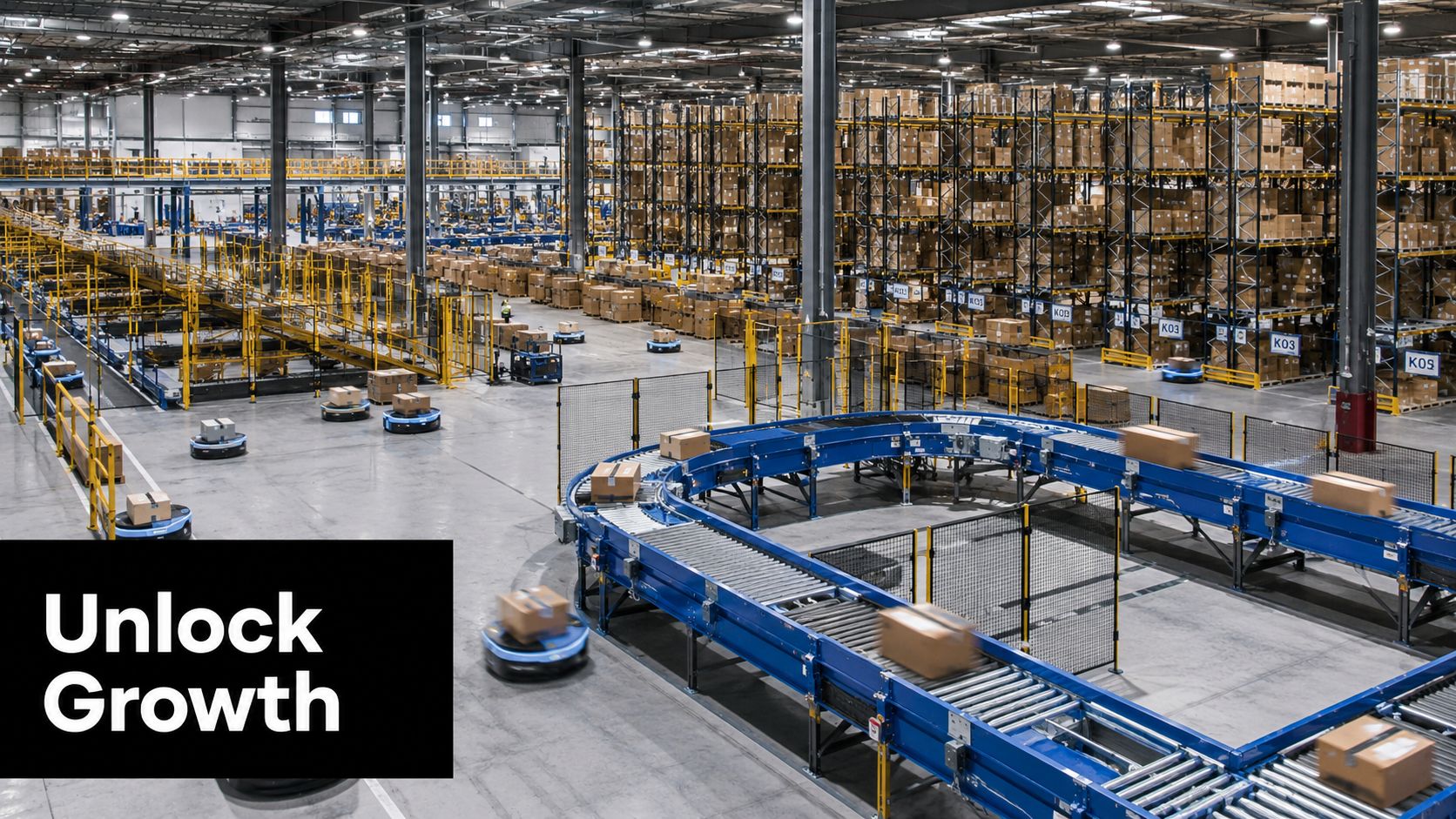A large, automated warehouse featuring robotic transport units, conveyor systems, and rows of stacked storage shelving units.