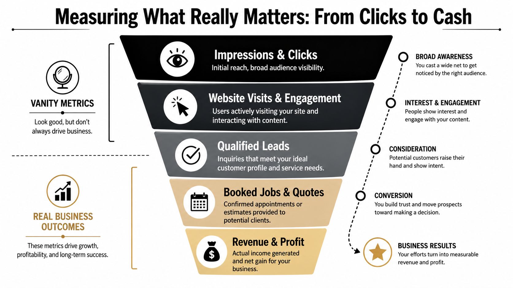 A marketing funnel infographic illustrating the journey from initial clicks to actual business revenue and profit.