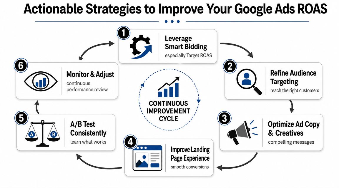 A circular infographic displaying six actionable strategies to improve Google Ads ROAS in a continuous improvement cycle.