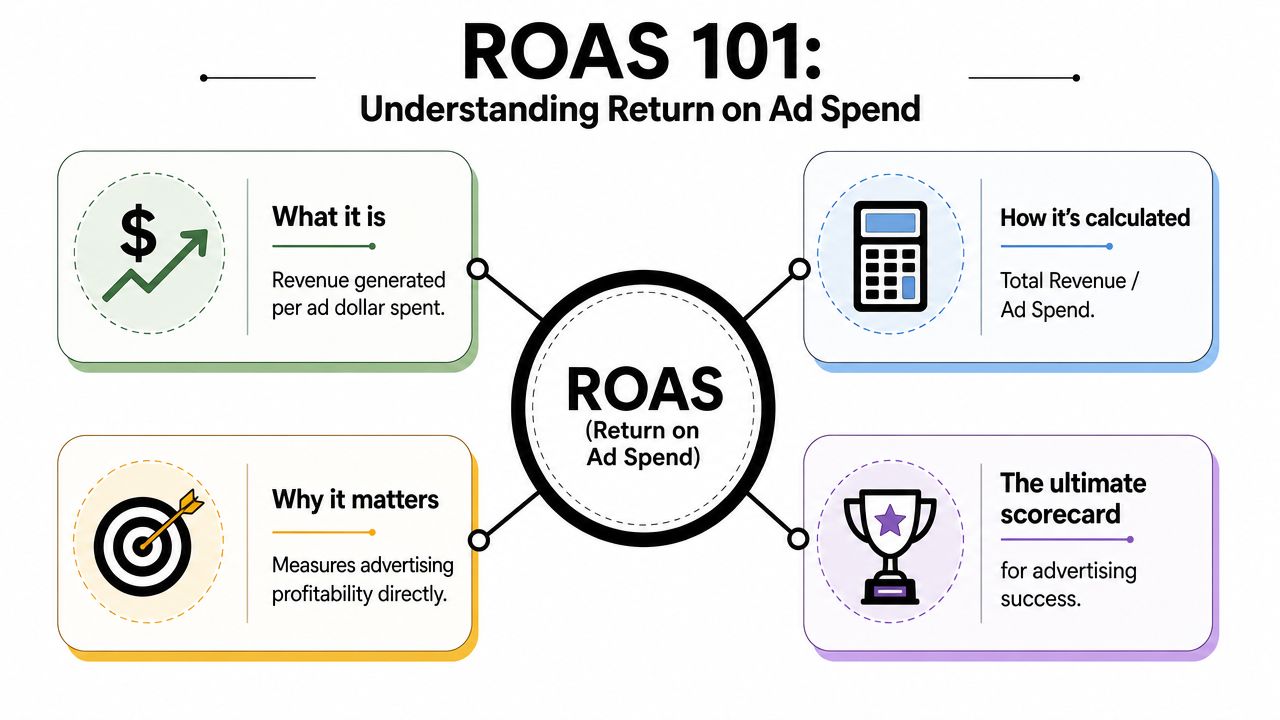 An educational infographic explaining the concept of ROAS, its calculation, importance, and role as an advertising success metric.