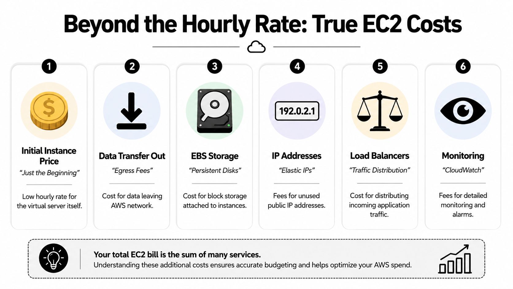 An infographic titled Beyond the Hourly Rate: True EC2 Costs illustrating six common hidden AWS expenses.