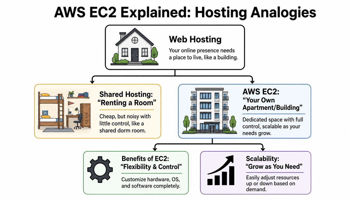 A diagram comparing web hosting, shared hosting, and AWS EC2 using a housing analogy for cloud computing.