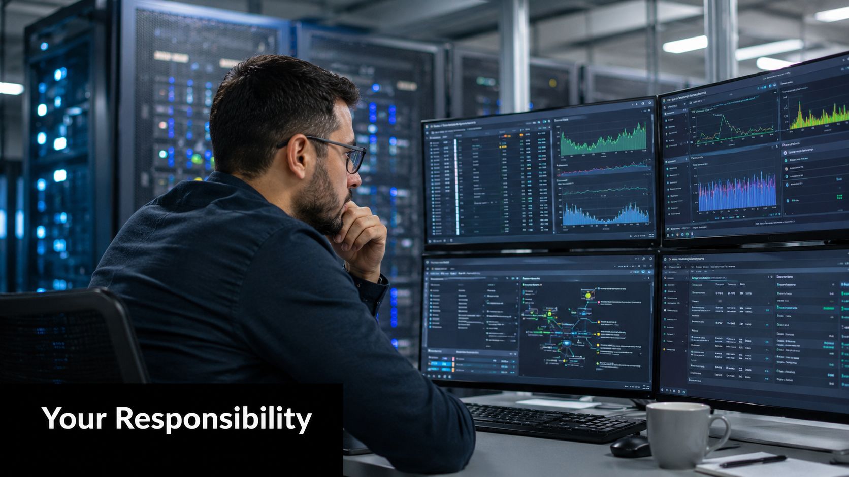 A professional IT engineer monitors server data and network security metrics in a high-tech data center.