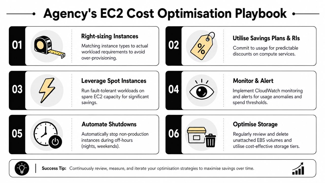 An infographic titled Agency's EC2 Cost Optimisation Playbook listing six strategies to reduce AWS compute expenses.