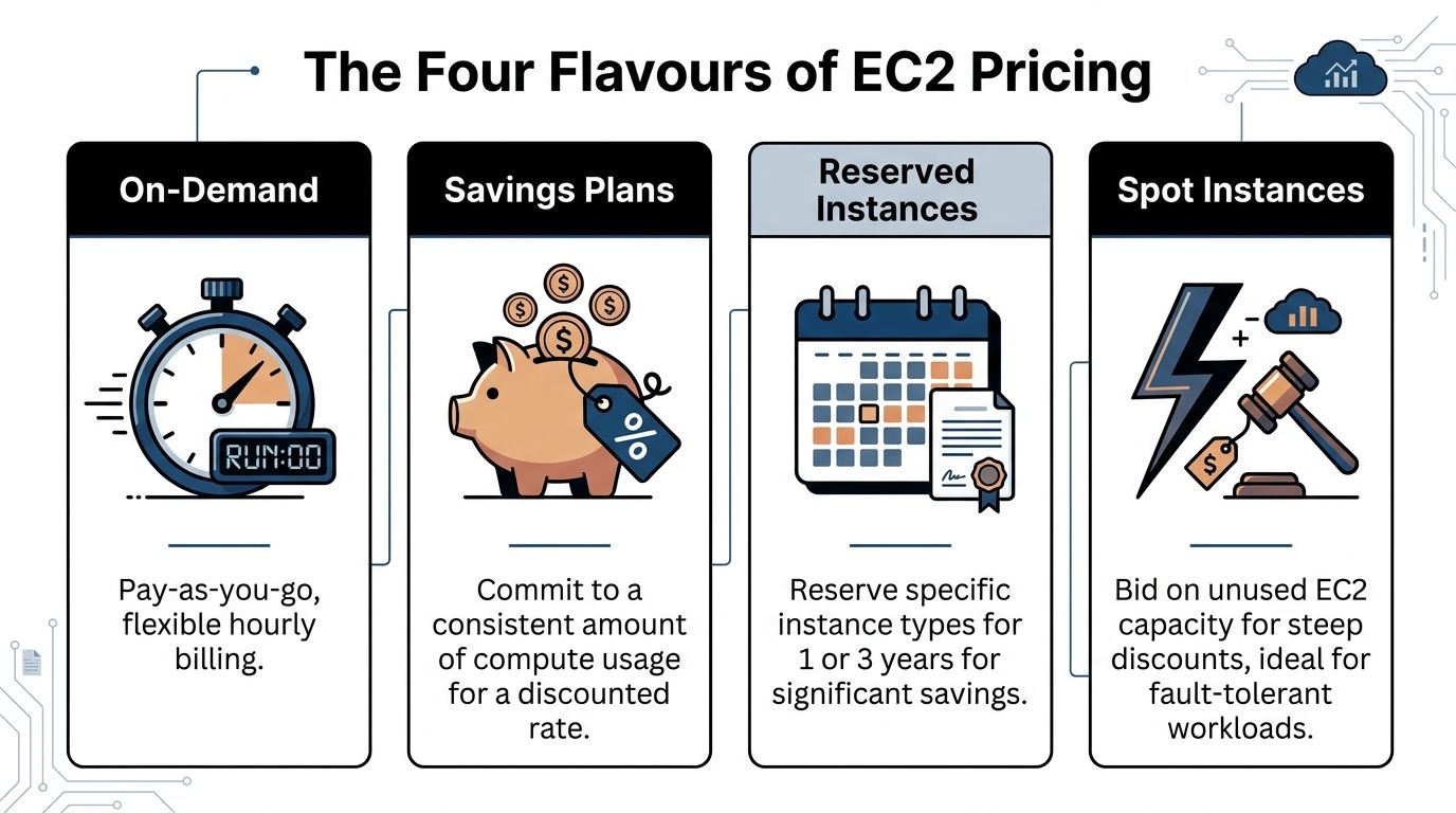 A diagram illustrating the four pricing models for AWS EC2 cloud computing instances.