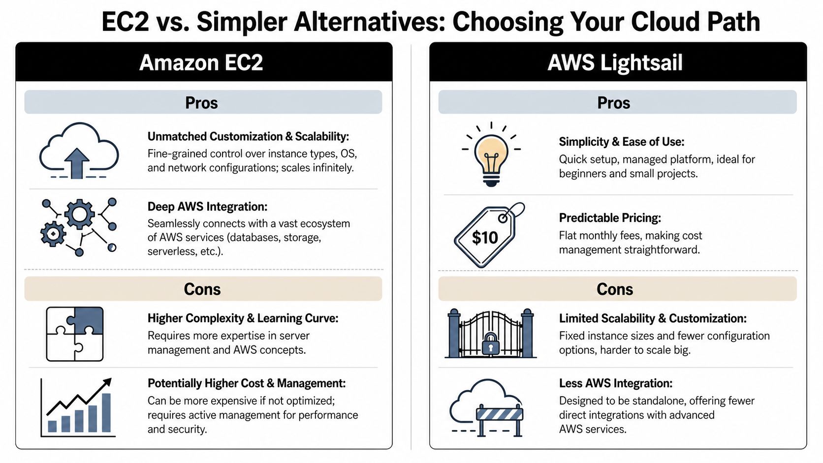 A comparison chart outlining the pros and cons of Amazon EC2 versus AWS Lightsail for cloud computing.