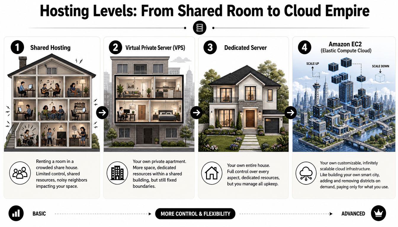An infographic comparing four hosting levels from shared housing to cloud computing, showing scalability and control.