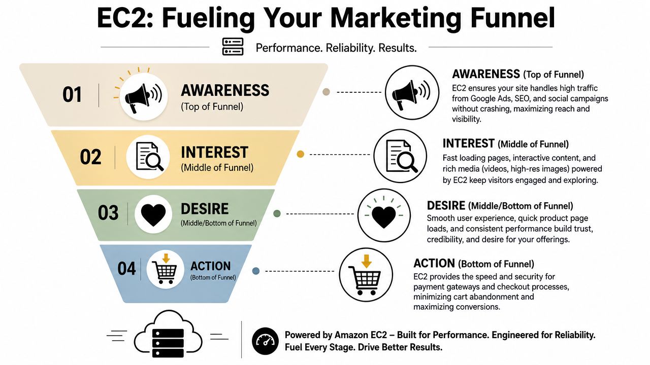 A marketing funnel infographic illustrating how Amazon EC2 supports each stage from awareness to final purchase action.