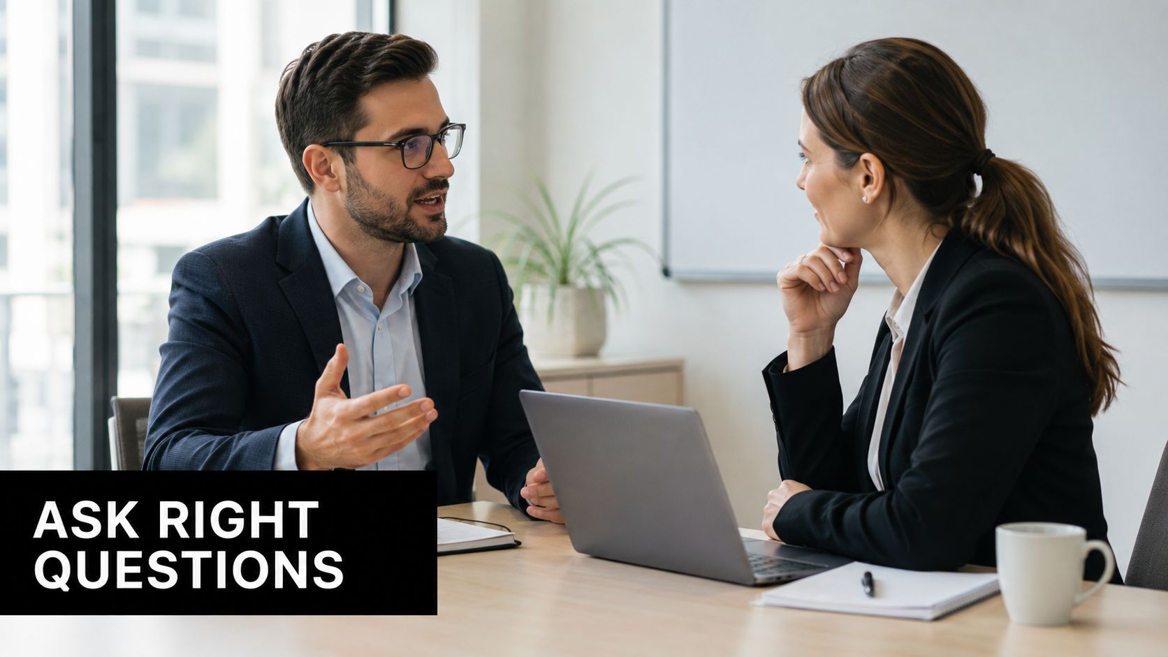 A professional man and woman having a productive business meeting in a modern, bright office environment.