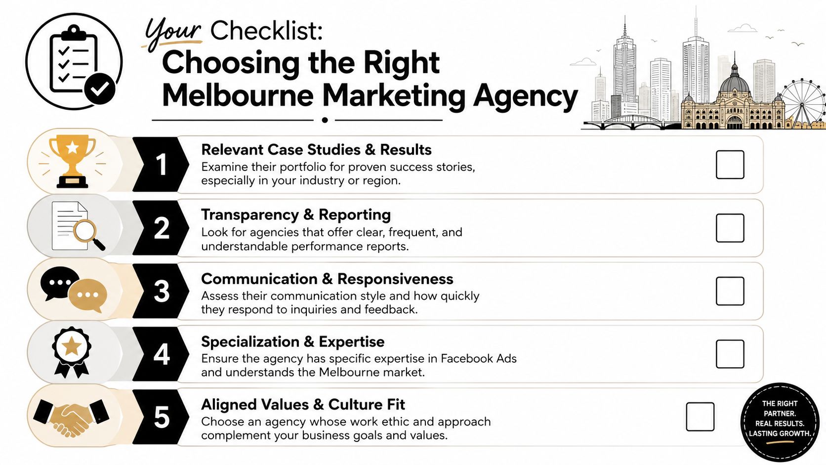 A checklist infographic titled Choosing the Right Melbourne Marketing Agency with five essential criteria for businesses.