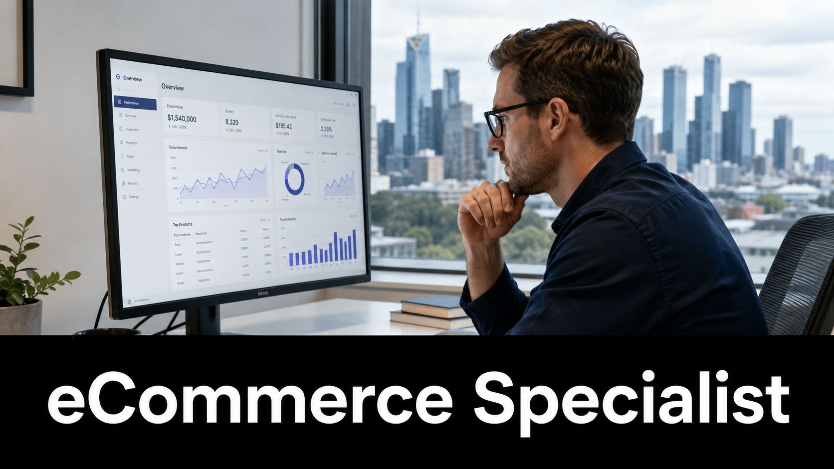 An ecommerce specialist analyzing business performance metrics on a computer screen in a modern city office.