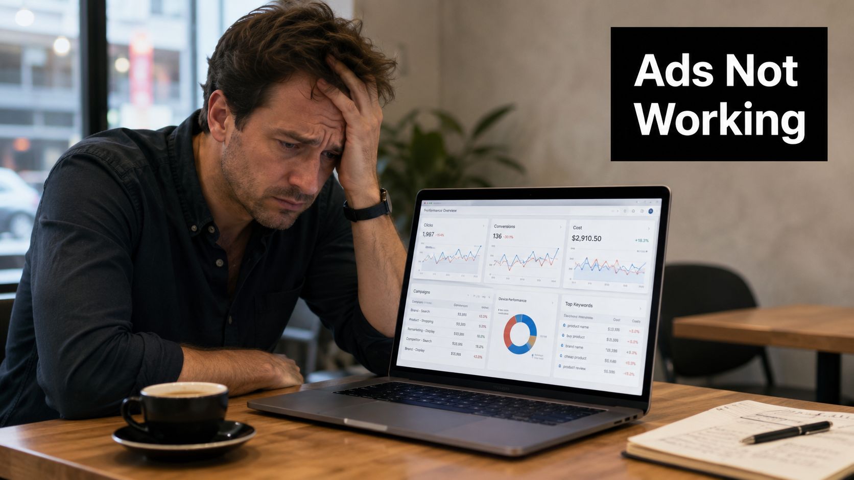 A stressed man looking at poor digital marketing performance data on his laptop screen in a cafe.