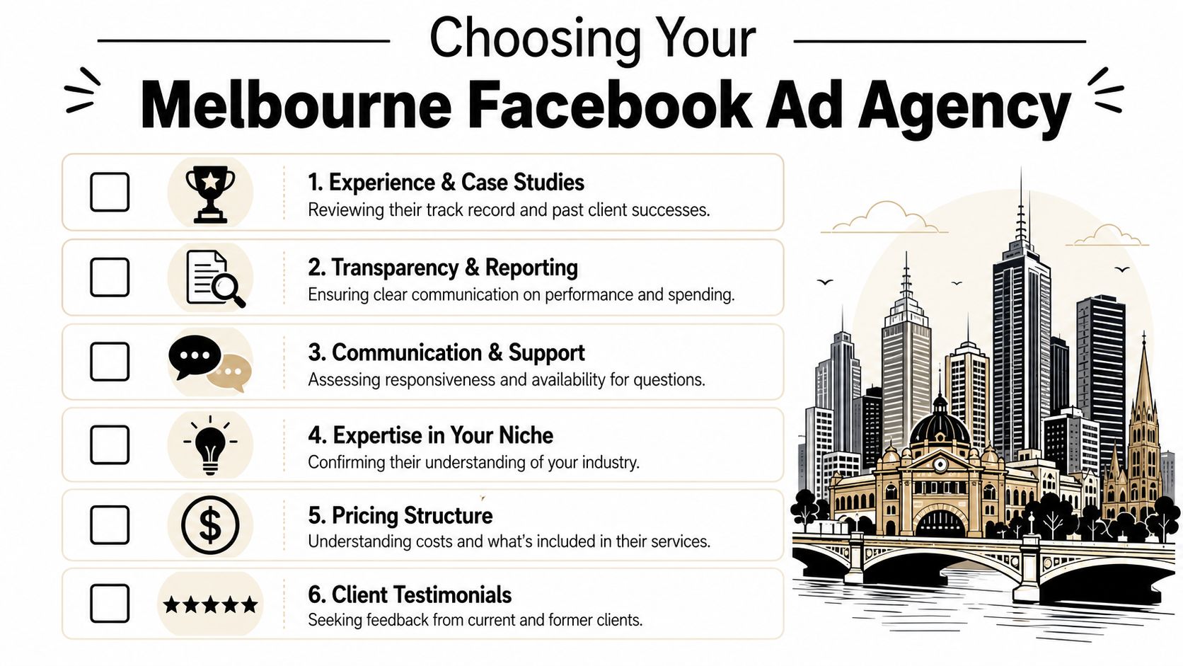 A checklist infographic titled Choosing Your Melbourne Facebook Ad Agency outlining six essential factors for selection.
