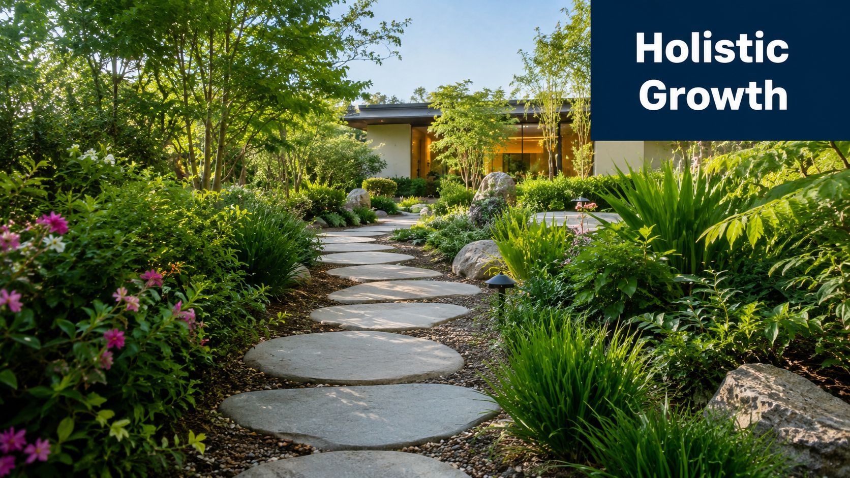 A scenic stone pathway leading through a lush green garden towards a modern home at sunset.
