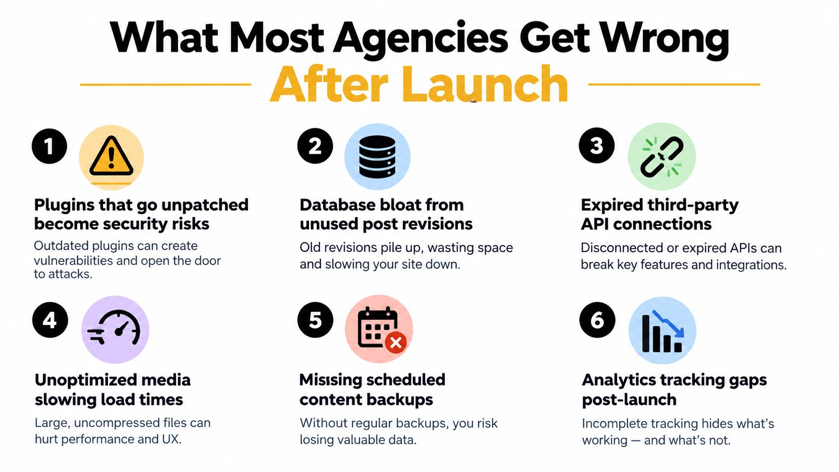 An infographic titled What Most Agencies Get Wrong After Launch featuring six common website maintenance mistakes.