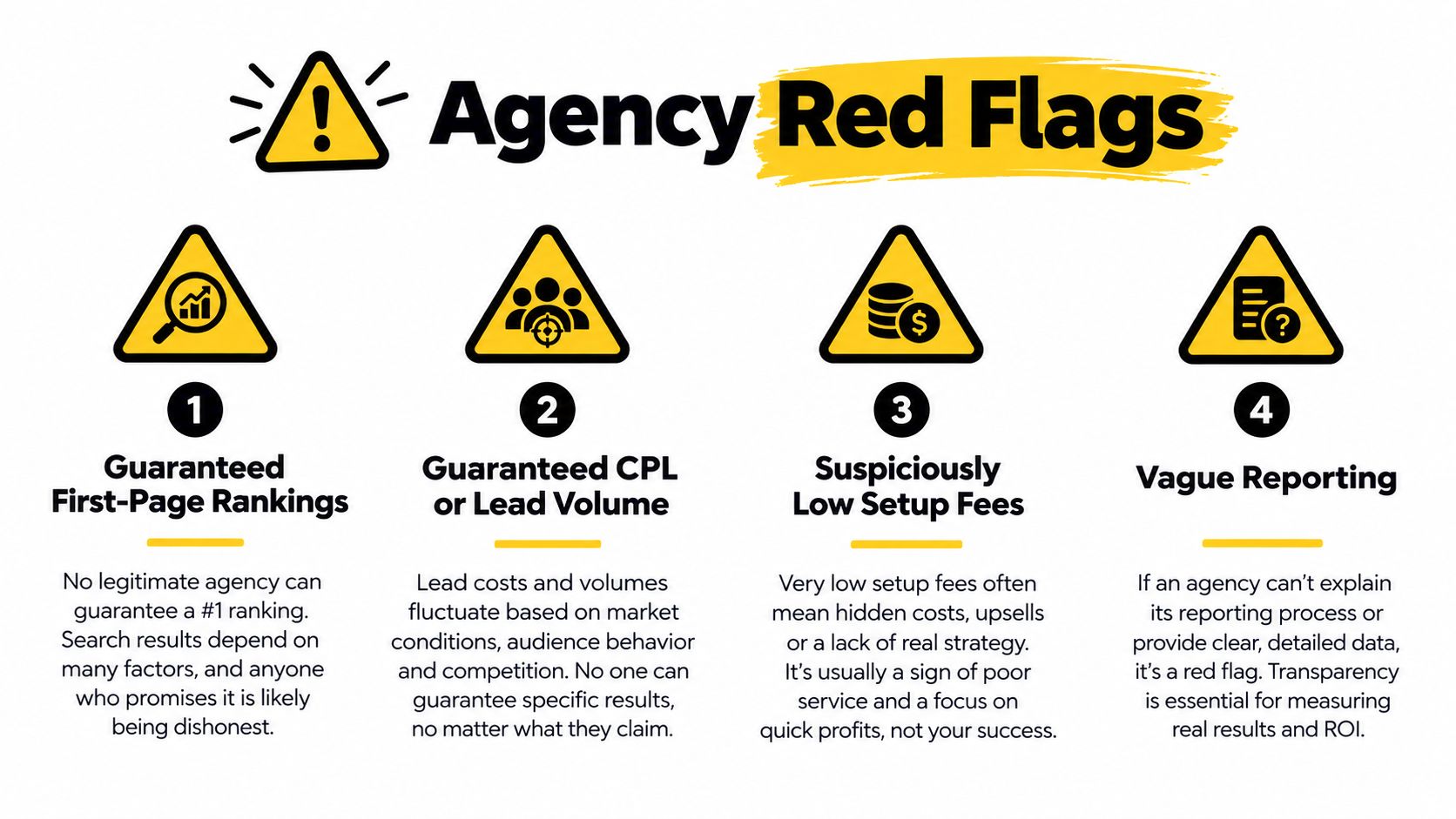 A warning infographic listing four common red flags to watch out for when hiring a marketing agency.