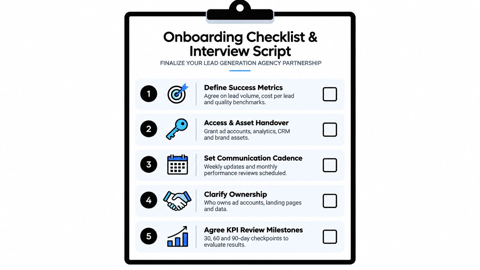 An onboarding checklist for a lead generation agency outlining five essential steps for a successful partnership.