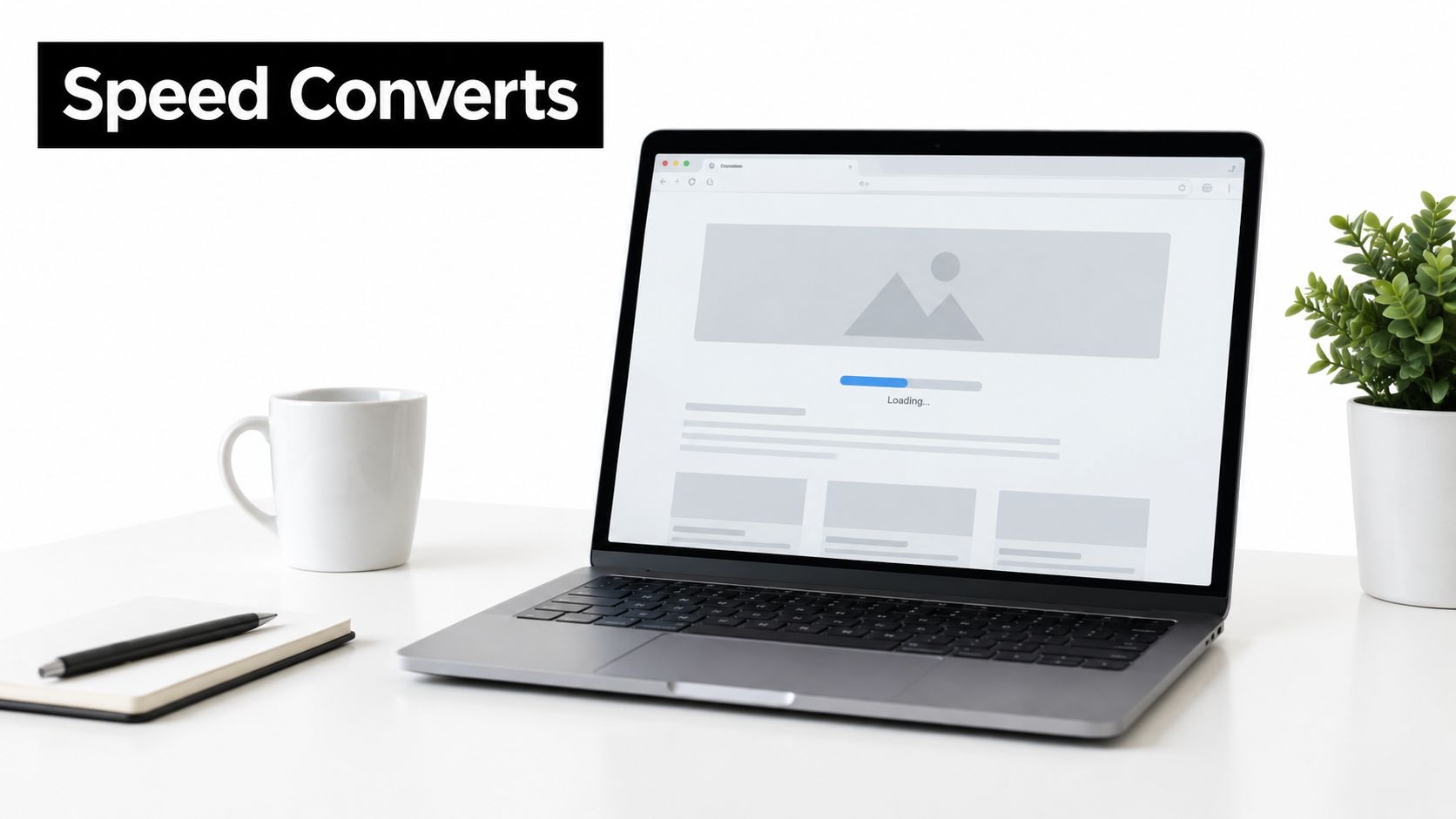 A modern laptop on a desk showing a loading website screen next to a coffee cup.