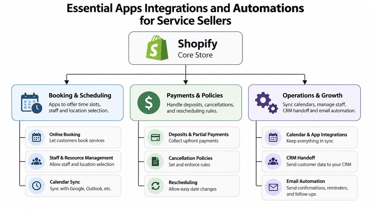A chart showing essential Shopify app integrations and automations designed for businesses that sell services.
