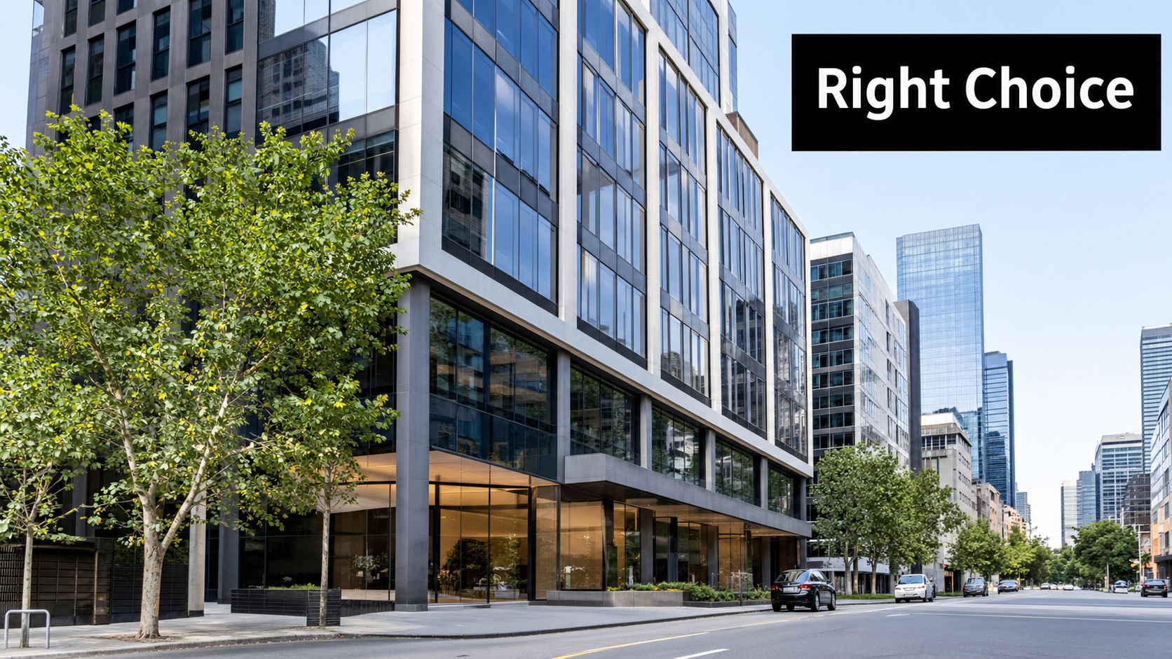A modern commercial glass building with trees on a sunny day in a busy city street.