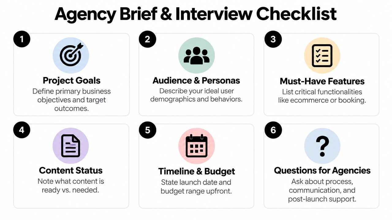 A checklist of six essential steps for preparing a brief and interviewing a digital design agency.